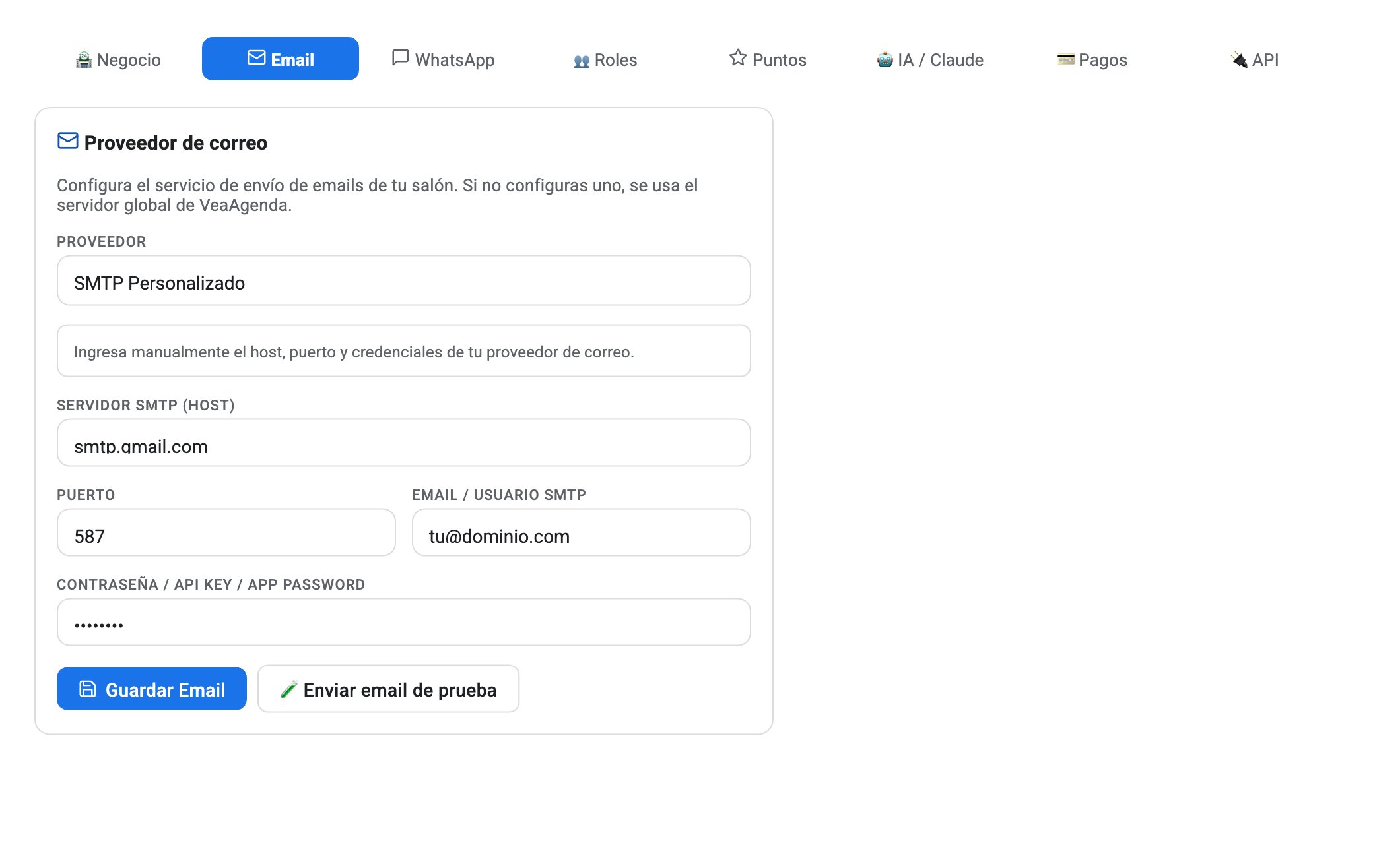 Configuración de Email/SMTP en VeaAgenda